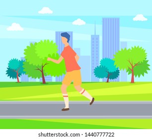 Runner person on walk, jogging guy jogger in sport cloth. Vector sportive boy running in park with houses and trees, cartoon person side view, outdoors