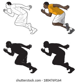 The runner picture is a set consisting of color images, line art, silhouette. Side view vector illustration.