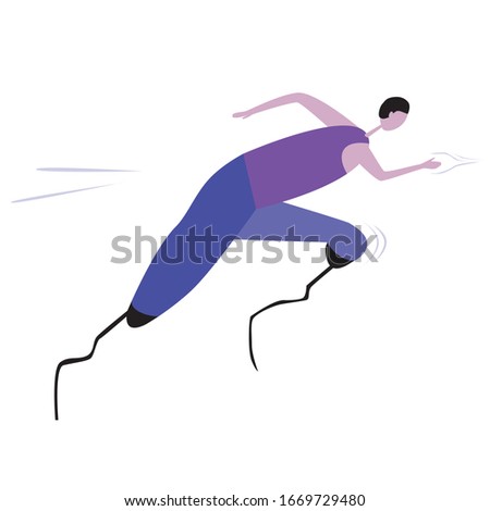 Runner with prosthetic legs isolated on white background as a concept of sports for the disabled. Flat vector stock illustration with young adult man or woman running