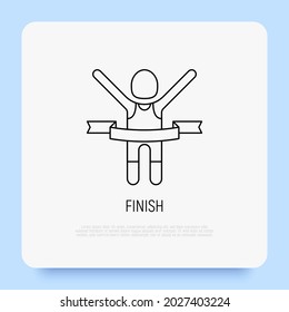 Runner with raised hands at finish tears ribbon. Thin line icon. Modern vector illustration.