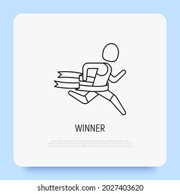 Runner with raised hands at finish tears ribbon. Winner, champion. Thin line icon. Modern vector illustration.