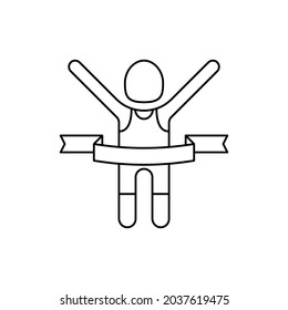 Runner with raised hands at finish tears ribbon. Thin line icon. Modern vector illustration.