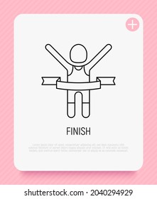 Runner with raised hands at finish tears ribbon. Thin line icon. Modern vector illustration.