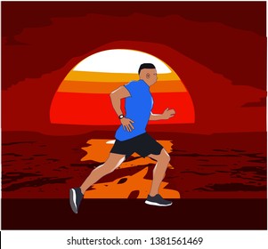 Runner ran on the beach under the sunset