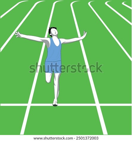 Runner reaches finish line holding his arms up. Vector illustration 