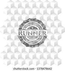 Runner retro style grey emblem with geometric cube white background