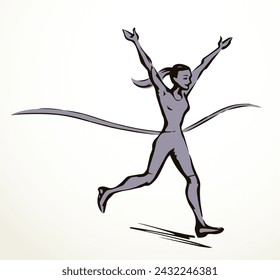 Runner rips the finish line. Vector drawing