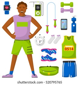 Runner and run equipment set. All for running collection. Vector flat illustration. Isolared on white.