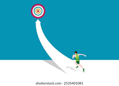 A runner is running along the path to the goal isolated on background illustration vector.