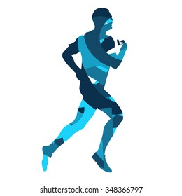 Runner. Running man, blue vector silhouette