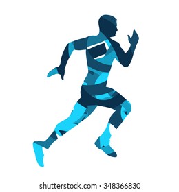 Runner. Running man, blue vector silhouette