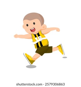 A runner is running wearing a yellow jersey