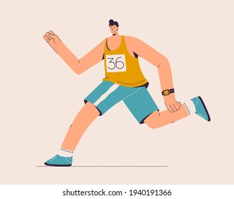 Runner runs marathon. Athlete in sportswear uniform jogging. Sportsman doing sport activities outdoors. Hobby or professional sports concept. Vector character illustration isolated on white background