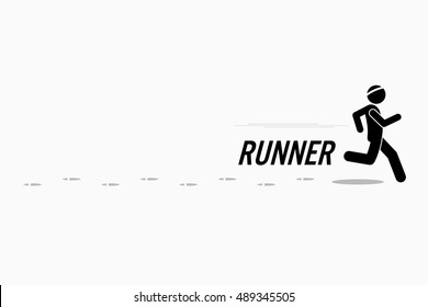Runner runs and training in a outdoor running place leaving footprint behind. Simple stick figure and plain white background.