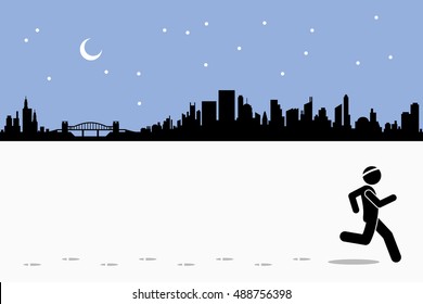 Runner runs while leaving footprints on the running field in city during night time. A cityscape at the back with moon and stars. Vector artwork depicts exercise, healthy lifestyle, and fitness.