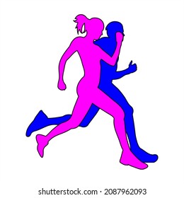 Runner Silhouette, Colored Blue Pink, On White Background