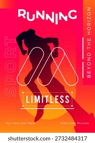 Läufer Silhouette in schneller Bewegung mit grenzenlosem Geist. Modernes Athletikkonzept für Marathon-Event, Bewegungsmotivation und gesundes Lifestyle-Poster auf lebhaftem rotem Hintergrund. Sportereignis. Sportliche Betätigung
