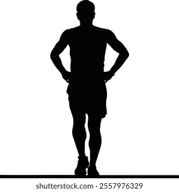 Runner Silhouette Front. A bold black silhouette of a runner facing forward in a confident standing pose, hands on hips