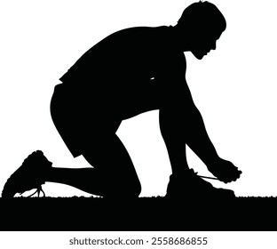 Runner Silhouette Front. A detailed silhouette of a runner tying shoelaces on one knee before a race