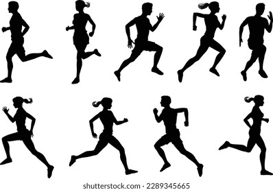 Runner silhouette set of sprinters, runners and joggers running track or jogging. People silhouettes in outline. Women and men, male and female athletes racing.