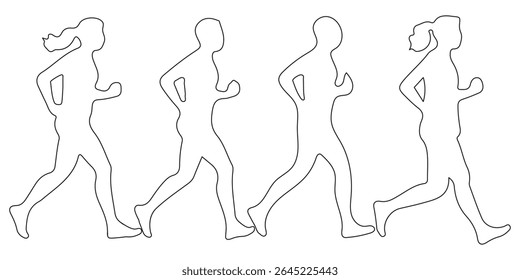 Runner silhouette set of sprinters, runners and joggers running track or jogging. People silhouettes in outline. Women and men, male and female athletes racing. Running men and women, silhouettes set.
