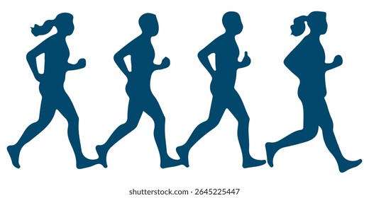 Silhueta de corredor conjunto de velocistas, corredores e corredores correndo trilha ou jogging. Silhuetas de pessoas em destaque. Mulheres e homens, atletas masculinos e femininos de corrida. Correndo homens e mulheres, conjunto de silhuetas.