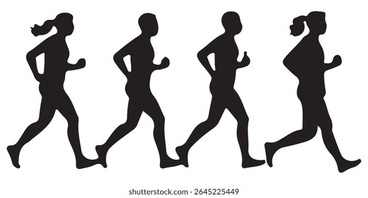 Silhueta de corredor conjunto de velocistas, corredores e corredores correndo trilha ou jogging. Silhuetas de pessoas em destaque. Mulheres e homens, atletas masculinos e femininos de corrida. Correndo homens e mulheres, conjunto de silhuetas.