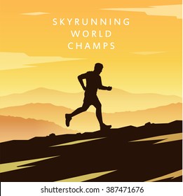 Runner silhouette. Skyrunning poster. Extreme sports. Vector Mountain landscape. Outdoor sports. Hiking. #1