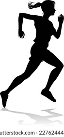 A Runner silhouette sprinter runner or jogger running track or jogging. Detailed person silhouette in outline. Woman female athlete racing.