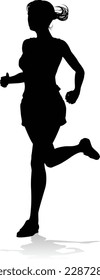 A Runner silhouette sprinter runner or jogger running track or jogging. Detailed person silhouette in outline. Woman female athlete racing.