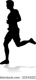 A Runner silhouette sprinter runner or jogger running track or jogging. Detailed person silhouette in outline. Man male athlete racing.