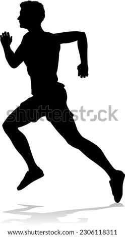 A Runner silhouette sprinter runner or jogger running track or jogging. Detailed person silhouette in outline. Man male athlete racing.