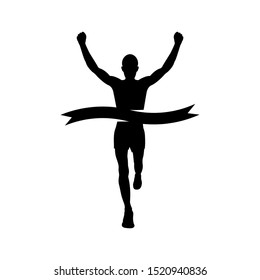 Runner silhouette. Sprinting athlete at the finish with a winning tape. Glyph black icon. Vector illustration flat design. Isolated on white background. Sport man. Speed race and winner.
