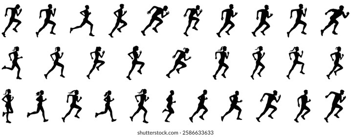 Runner silhouette vector set, running man woman sequence, motion, athletic vector illustration, dynamic jog, fitness movement animation, isolated runners on white, exercise illustration human activity