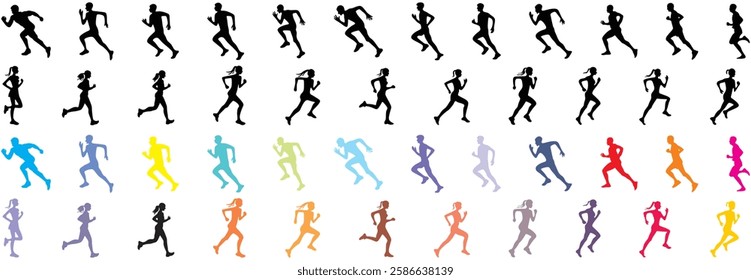 Runner silhouette vector set, running man woman sequence, motion, athletic vector illustration, dynamic jog, fitness movement animation, isolated runners on white, exercise illustration human activity