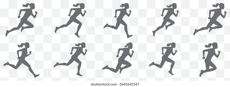 runner silhouette vector set, running woman sequence, motion, athletic vector illustration, dynamic jog, fitness movement animation eps 10