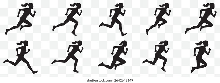 runner silhouette vector set, running woman sequence, motion, athletic vector illustration, dynamic jog, fitness movement animation eps 10