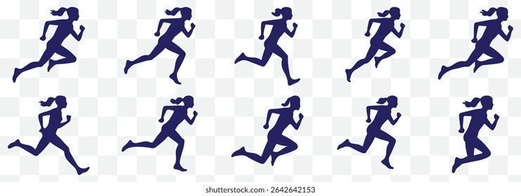 runner silhouette vector set, running woman sequence, motion, athletic vector illustration, dynamic jog, fitness movement animation eps 10