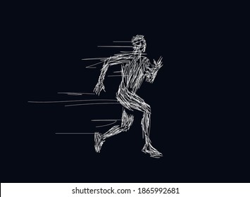 Runner. Sketch drawing of the running men in motion white silhouette isolated on black background. Minimalistic simple art. Vector illustration