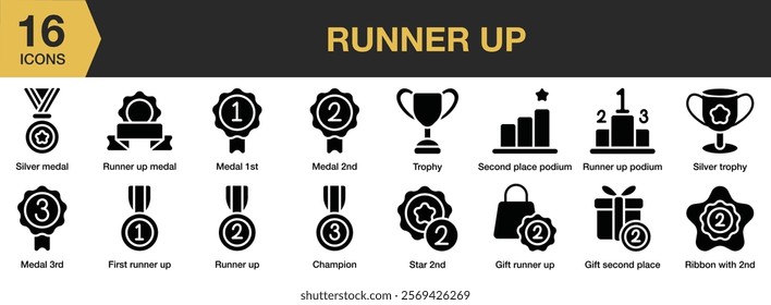 Runner Up solid icon set. Includes Champion, Runner, Up, Winner, Win, Medal, Badge, Quality, Ranking, Ribbon, and More. Solid icons vector collection.