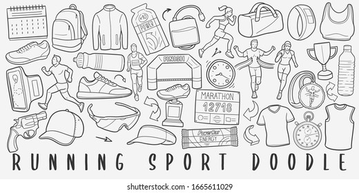 Runner Sport Doodle Line Art Illustration. Hand Drawn Vector Clip Art. Banner Set Logos.