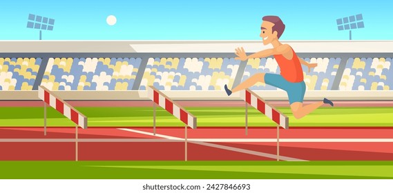 Runner sport games active person running and jumping barrier. Illustration of runner sports, athlete take part competition, active run man vector