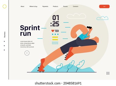 Runner, sprint run, track and field athlete, website template. Flat vector concept illustration of a young man wearing boots, running at the sadium. Healthy activity lifestyle. Trees, hills landscape.