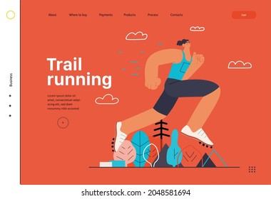 Runner, sprint run, track and field athlete, website template. Flat vector concept illustration of a young man wearing boots, running at the sadium. Healthy activity lifestyle. Trees, hills landscape.