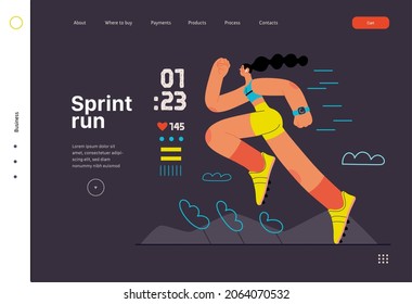 Runner, sprint run, track and field athlete, website template. Flat vector concept illustration of young woman wearing boots, running at the sadium. Healthy activity lifestyle. Trees, hills landscape