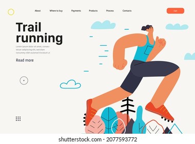 Runner, sprint run, track and field athlete, website template. Flat vector concept illustration of a young man wearing boots, running at the sadium. Healthy activity lifestyle. Trees, hills landscape.