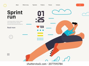Runner, Sprint Run, Leichtathletik-Leichtathlet, Website-Vorlage. Flache Vektorgrafik eines jungen Mannes, der Stiefel trägt und im Sadion läuft. Gesunder Lebensstil. Bäume, Hügellandschaft.