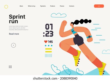 Runner, sprint run, track and field athlete, website template. Flat vector concept illustration of young woman wearing boots, running at the sadium. Healthy activity lifestyle. Trees, hills landscape