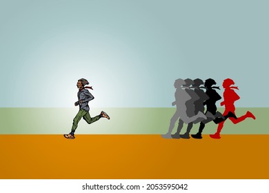 A Runner Sprinting Away From The Competitor Pack At A Race Track For The Concept Of A Clear Winner. Hand Drawn Vector Illustration.