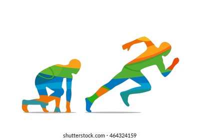 The runner starts to race. Side view. Abstract colorful vector illustration. Isolated on white background